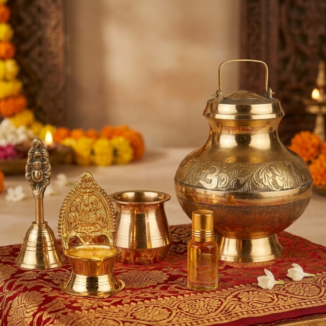 Divya Ganga Sacred Brass Puja Pack - 5-Piece Spiritual Essentials Kit