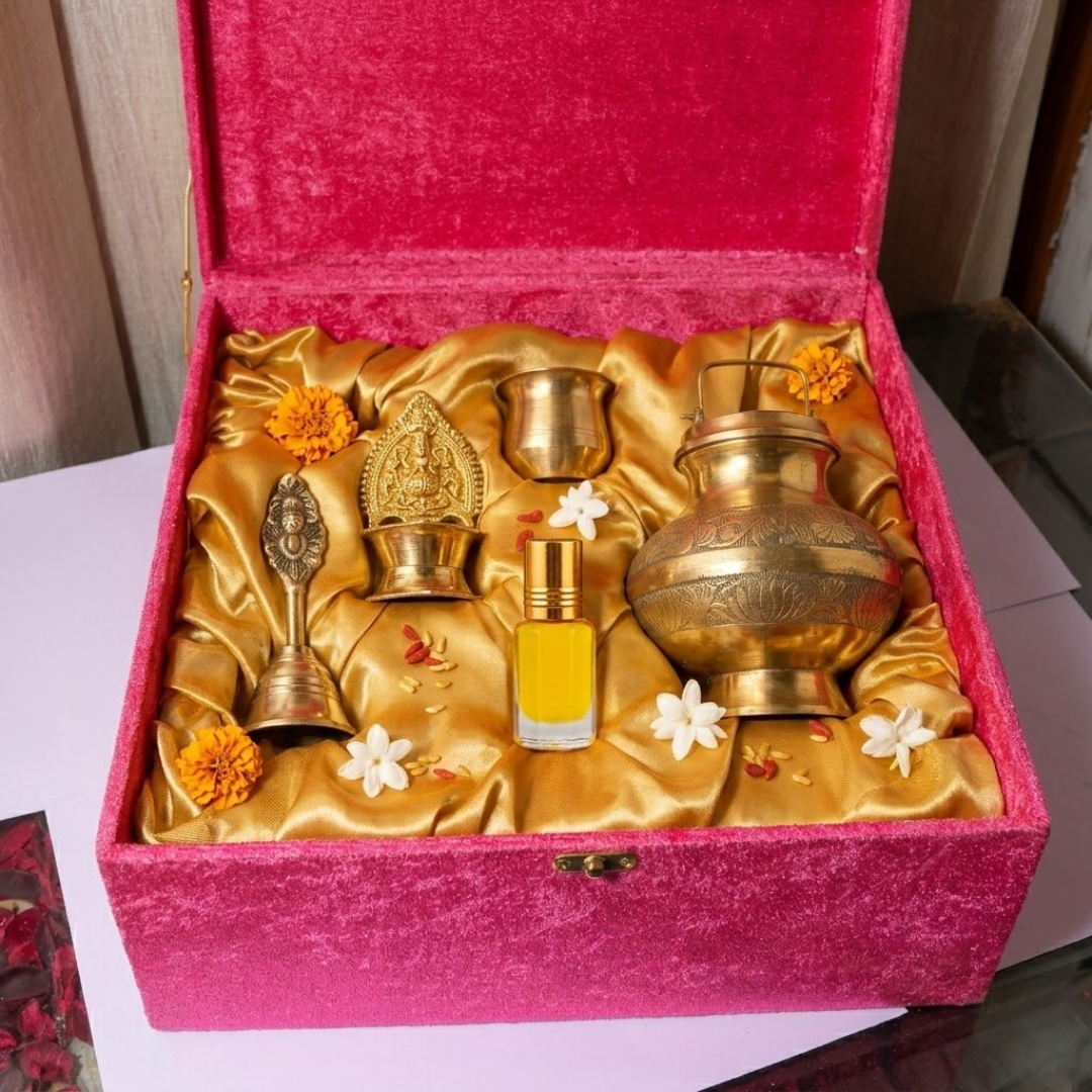 Divya Shakti Brass Puja Combo - Pre-Filled with 1L Holy Ganga Jal (5-Piece Set) - Image 2