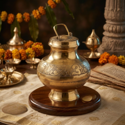 A Divine Masterpiece for Your Home Mandir. Bring the timeless purity of the Ganges into your living space with our Heritage Brass Gangajali. This is not just a vessel; it is a sacred experience. Handcrafted from high-grade pure brass, this Gangajali features intricate engravings of the sacred 'Om' and Lotus flower, symbolizing peace, purity, and spiritual awakening. The Ultimate Blessing: To honor the sanctity of your devotion, each Gangajali comes pre-filled with 1 Litre of 100% Pure Ganga Jal, sourced directly from the holy banks of Har-Ki-Pauri, Haridwar. Product Highlights: Artisan Craftsmanship: Beautifully embossed with traditional motifs that reflect India’s rich spiritual heritage. Pure & Sealed: The 1 litre of Ganga Jal is collected with utmost care and sealed within the brass vessel to ensure it reaches you in its holiest form. Antique Gold Finish: Made from heavy-duty brass that provides a lasting golden glow, making it a centerpiece for any puja altar. Leak-Proof Design: Comes with a secure, sturdy handle and a well-fitted lid for safe handling and storage.