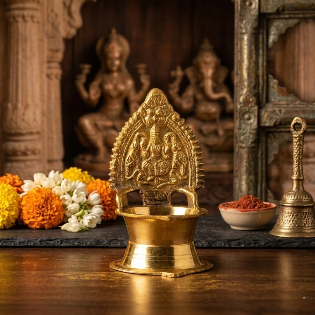Dhan Varshak Brass Diya - Traditional Lakshmi Oil Lamp with Divine Backrest
