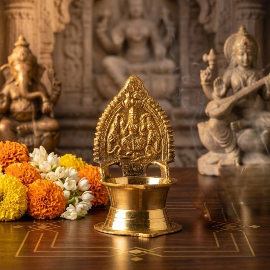 Dhan Varshak Brass Diya - Traditional Lakshmi Oil Lamp with Divine Backrest