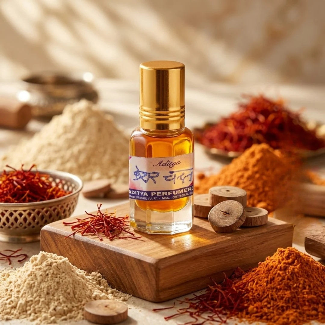 The Divine Union of Sacred Saffron and Royal Sandalwood. Experience the most revered fragrance of Indian tradition with our Premium Kesar Chandan Attar. This 10ml concentrated oil is a masterful blend of the cooling essence of Sandalwood (Chandan) and the luxurious warmth of Saffron (Kesar). Sourced with devotion, it is designed to create a meditative atmosphere that calms the mind and elevates the spirit. Why it is a Must-Have for Your Mandir: 100% Alcohol-Free: A pure, non-alcoholic formulation that is safe for skin and perfect for applying on deities and sacred idols. Soulful Aroma: The woody notes of Sandalwood mixed with the exotic scent of Saffron create a deeply peaceful environment for prayer and dhyana (meditation). Long-Lasting Purity: Highly concentrated oil ensures the divine fragrance lingers in your puja room for hours with just a single drop. Traditional Use: Widely used for anointing puja accessories, mixing with tilak, or as a calming personal fragrance.