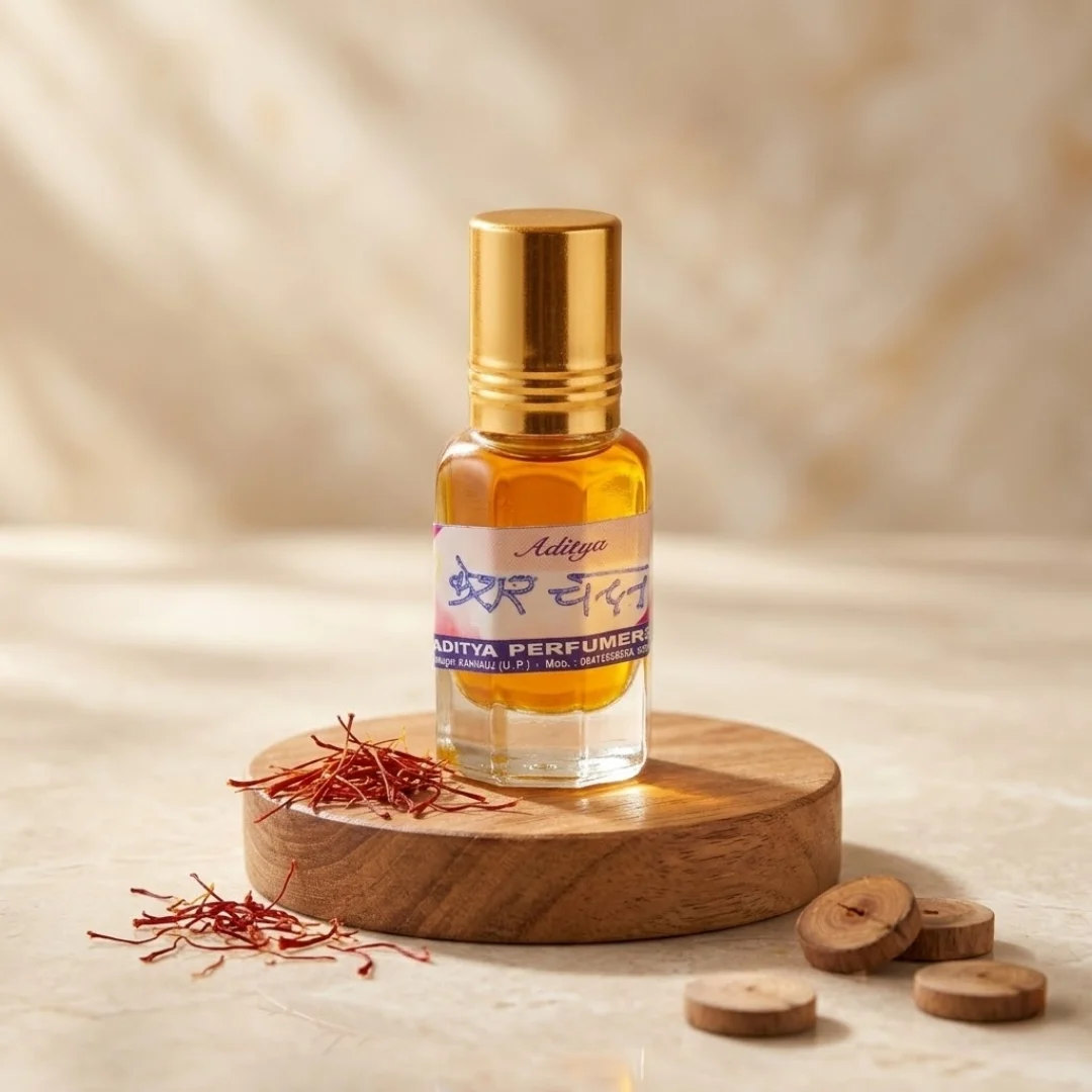 The Divine Union of Sacred Saffron and Royal Sandalwood. Experience the most revered fragrance of Indian tradition with our Premium Kesar Chandan Attar. This 10ml concentrated oil is a masterful blend of the cooling essence of Sandalwood (Chandan) and the luxurious warmth of Saffron (Kesar). Sourced with devotion, it is designed to create a meditative atmosphere that calms the mind and elevates the spirit. Why it is a Must-Have for Your Mandir: 100% Alcohol-Free: A pure, non-alcoholic formulation that is safe for skin and perfect for applying on deities and sacred idols. Soulful Aroma: The woody notes of Sandalwood mixed with the exotic scent of Saffron create a deeply peaceful environment for prayer and dhyana (meditation). Long-Lasting Purity: Highly concentrated oil ensures the divine fragrance lingers in your puja room for hours with just a single drop. Traditional Use: Widely used for anointing puja accessories, mixing with tilak, or as a calming personal fragrance.